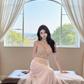 Champagne pink halter-neck, fitted waist, backless, sexy long ball gown R7538