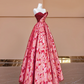 Red strapless, fitted waist, long ball gown with a full skirt R8380