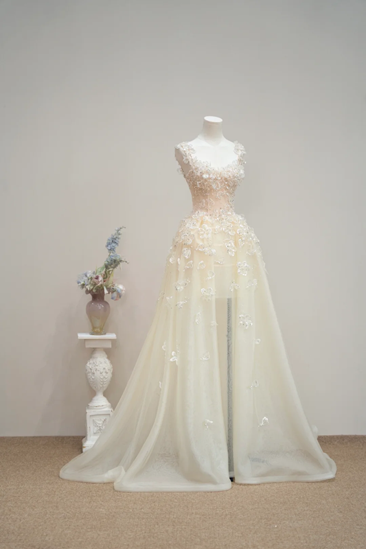 Light apricot halter-neck fitted long ball gown, bridal dress R8895