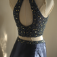 Navy blue halter neck beaded sexy top and long skirt set for a prom dress R6699