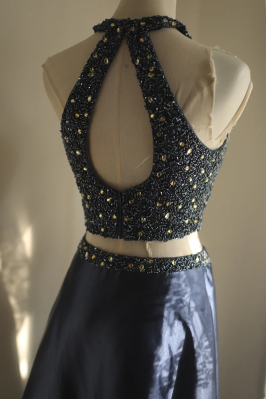 Navy blue halter neck beaded sexy top and long skirt set for a prom dress R6699