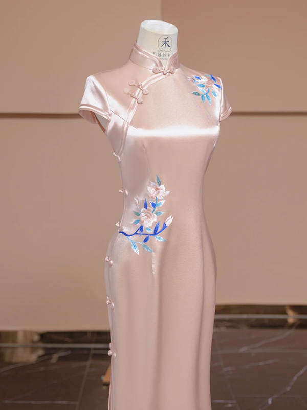 Light pink satin fitted Chinese retro ball gown, bridal dress R8289