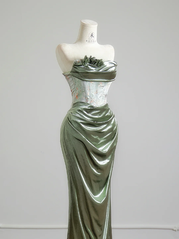 Gray-green strapless fitted waist bodycon long ball gown R8152