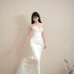 White strapless ball gown with 3D floral neckline, fitted waist and hip-hugging bodycon dress, wedding dress R8062