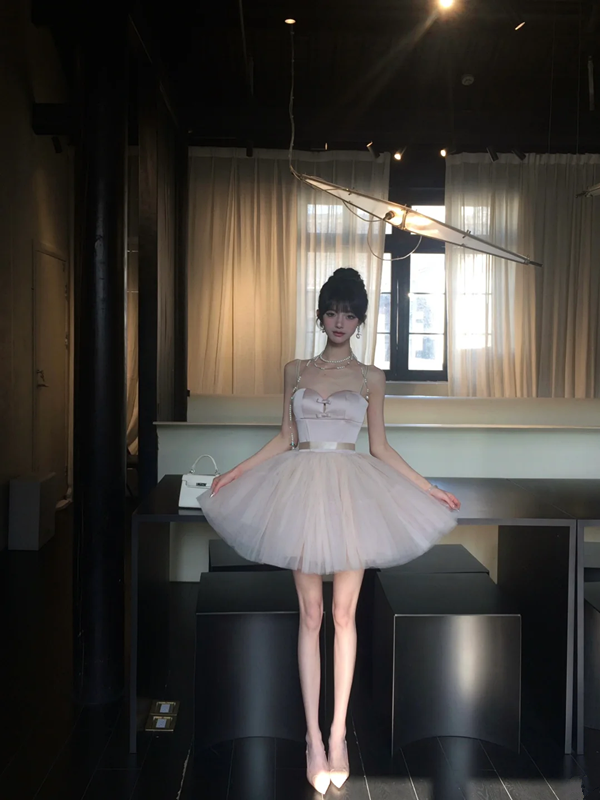 Pink suspender waist slim fit fluffy cake tulle skirt short skirt homecoming dress R5086