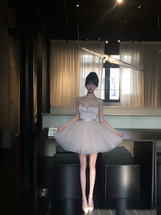 Pink suspender waist slim fit fluffy cake tulle skirt short skirt homecoming dress R5086