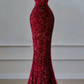 Red sequined halter-neck fitted mermaid long ball gown R6459