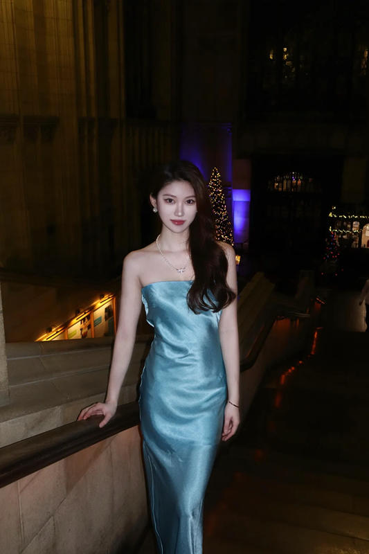 Light blue strapless, fitted long ball gown R7058