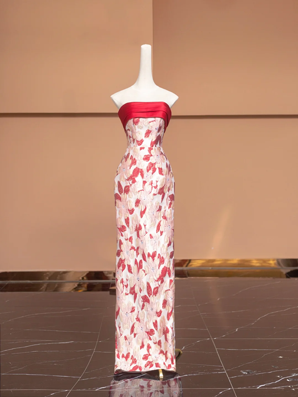 Red strapless floral print fitted long ball gown/bridal dress R8494