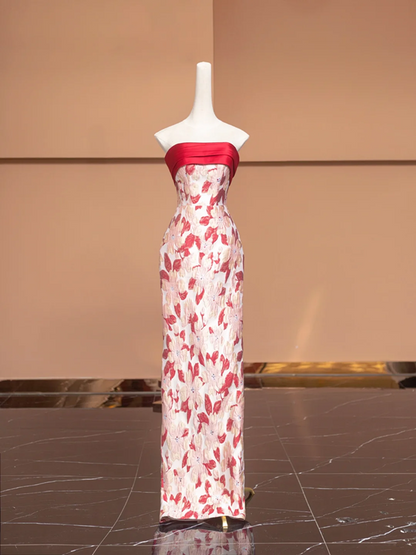 Red strapless floral print fitted long ball gown/bridal dress R8494
