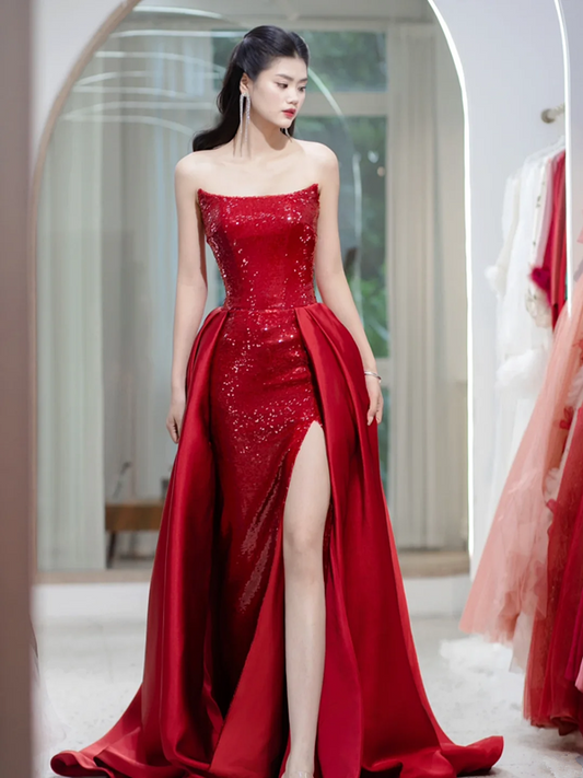 Red Strapless Sequined Waist Slim Fit Elegant Ball Gown Bridal Dress R5861