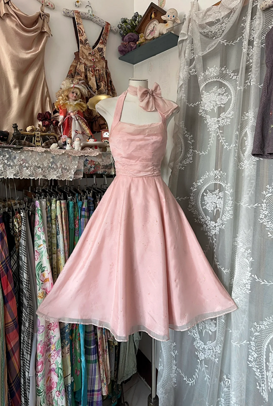 Pink halter-neck, fitted A-line mini skirt, prom dress R6259