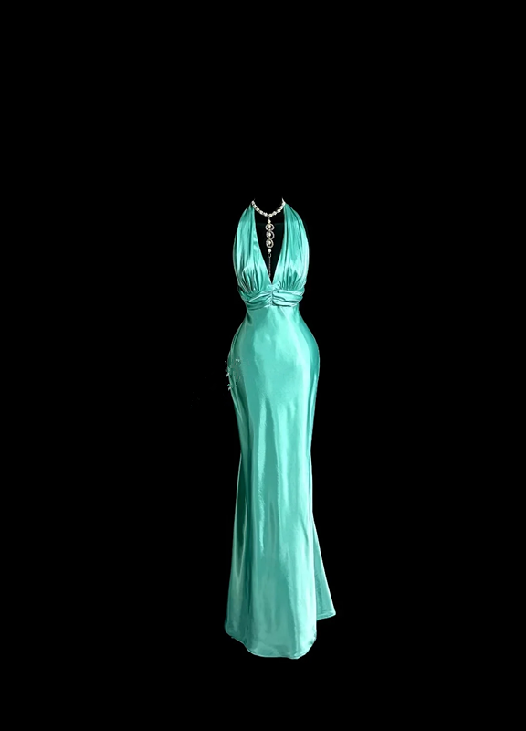 Lake blue halter neck backless sexy fitted waist long ball gown R6619