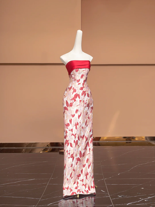 Red strapless floral print fitted long ball gown/bridal dress R8494