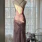 Light purple-red halter-neck fitted waist slim-fitting rhinestone sexy long ball gown R7694