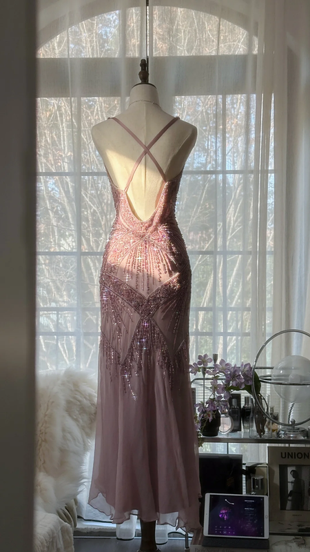 Light purple-red halter-neck fitted waist slim-fitting rhinestone sexy long ball gown R7694