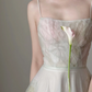 Light off‑white spaghetti‑strap waist‑cinched slim‑fit elegant long prom gown R8004