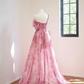 Pink floral print, fitted waist, full skirt, long ball gown, bridal dress R8464