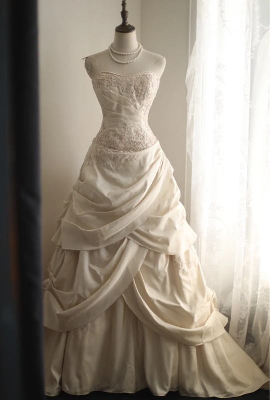 Ivory white strapless fitted long ball gown, bridal dress R6818