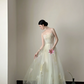 Light off‑white spaghetti‑strap waist‑cinched slim‑fit elegant long prom gown R8004