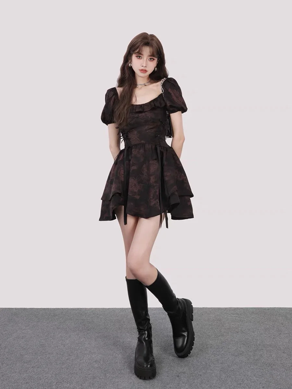 Dark black puff sleeve waist irregular skirt short skirt homecoming dress R5229