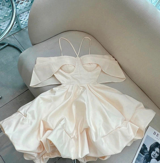 Champagne satin one-shoulder slim-waist princess dress homecoming dress R4357