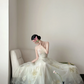 Light off‑white spaghetti‑strap waist‑cinched slim‑fit elegant long prom gown R8004