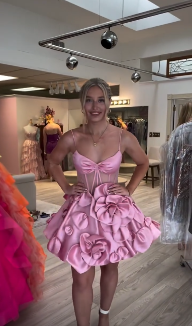 Pink suspender waist slim three-dimensional flower skirt homecoming dress R5468