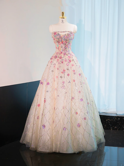 Light pink strapless, fitted waist, full skirt, long ball gown, bridal dress R9015