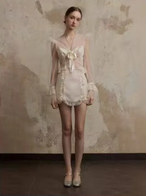 Brown suspender see-through jacket with lace patchwork hip-hugging cute short skirt homecoming dress R4762