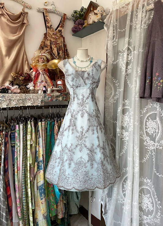 Light blue floral sleeveless fitted A-line mini ball gown R6339