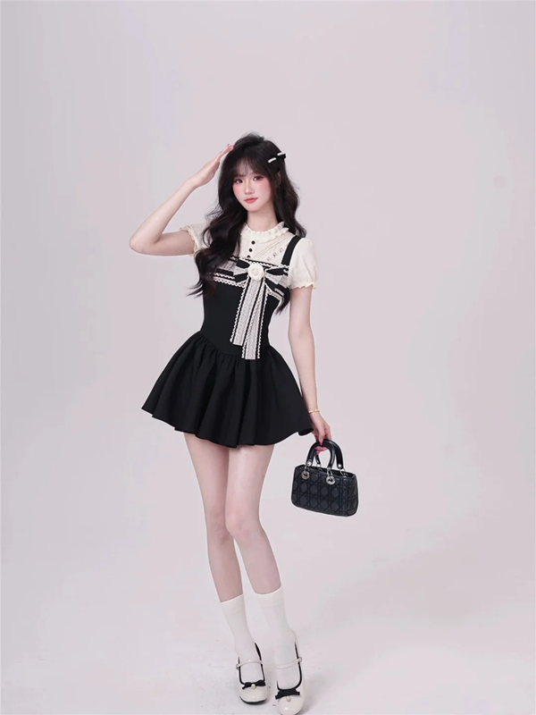 Black camisole with slim waist and A-line cute short skirt for homecoming dress R5269