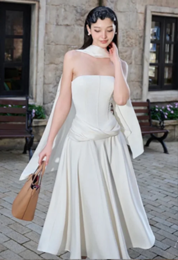 White satin tube top waist slimming design skirt mid-length skirt homecoming dress R4397