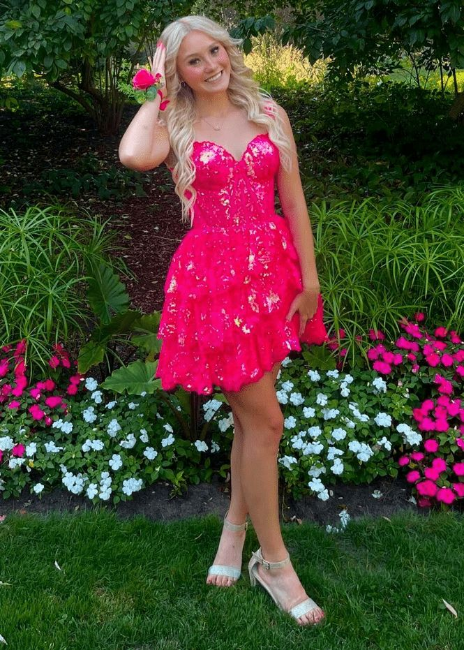 Rose Red Strapless Lace Waist Cake Skirt Homecoming Dress R5548