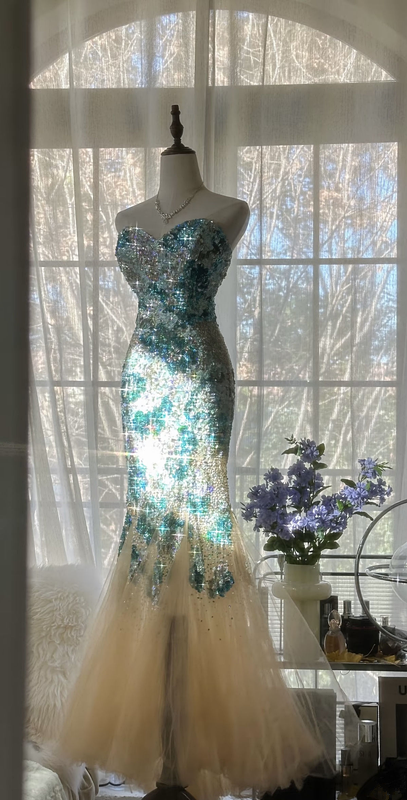 Blue rhinestone strapless fitted waist long ball gown R6539