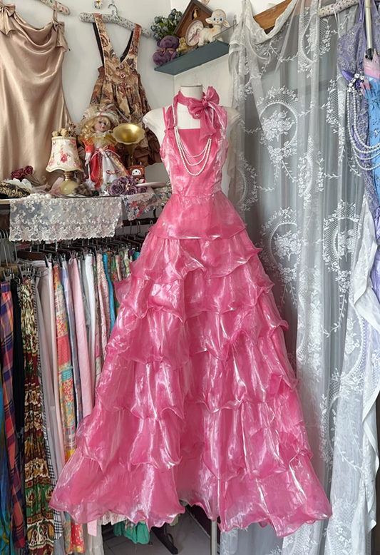 Pink halter neck waist satin cake skirt slim maxi ball gown R6139
