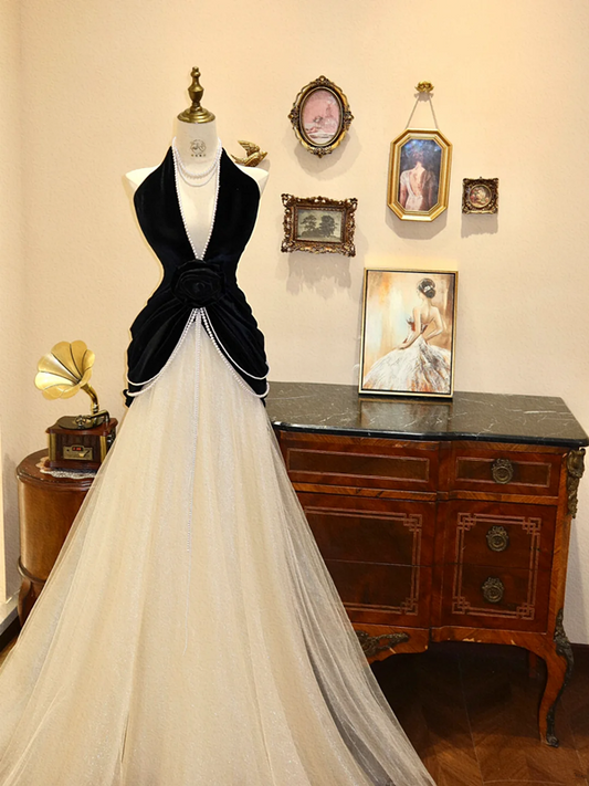 Black Halter Top with White Tulle Skirt Ball Gown, Bridal Gown R7138