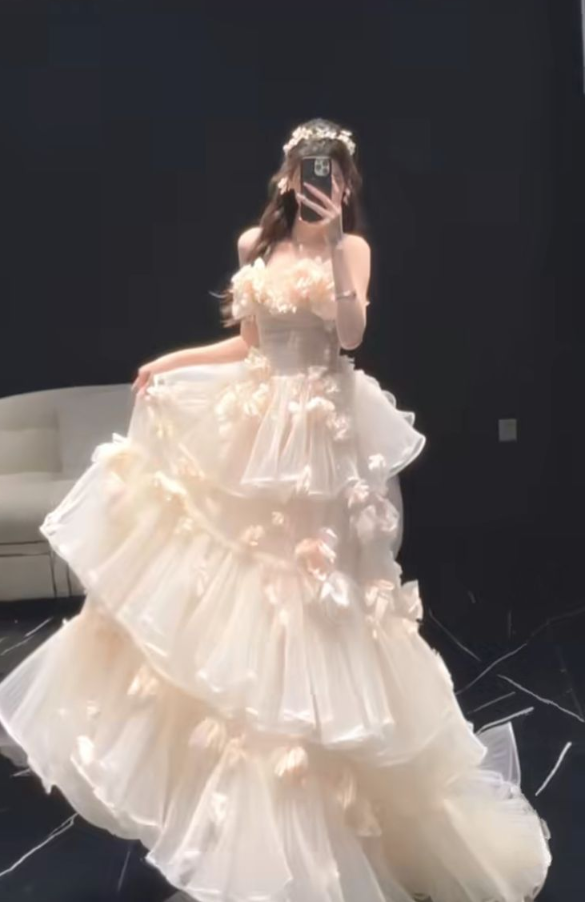 Dreamy Ruffled Applique Prom Gown Ivory Women's Maxi Evening Dress Birthday Dress RS2779