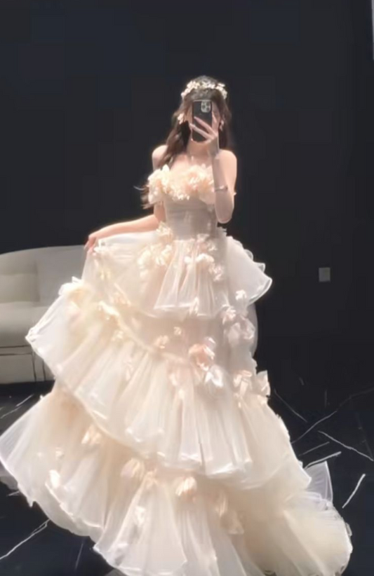 Dreamy Ruffled Applique Prom Gown Ivory Women's Maxi Evening Dress Birthday Dress RS2779