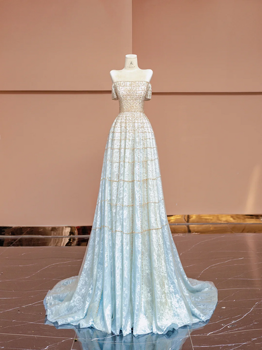 Light blue gradient strapless fitted long ball gown R8404