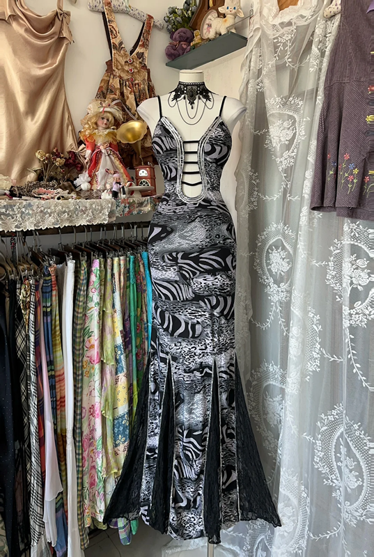 Black and white floral halter-neck fitted bodycon fishtail maxi dress, prom dress R6299