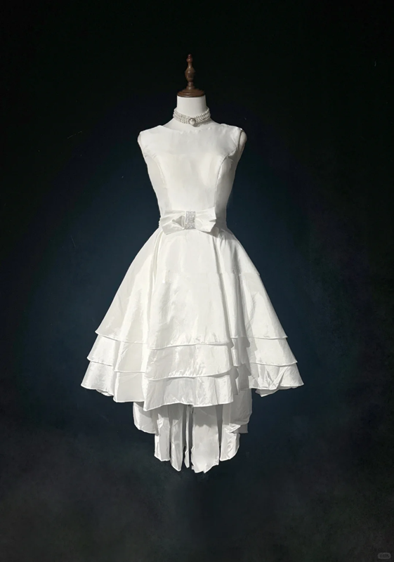 White sleeveless satin waist slim mid-length skirt homecoming dress R4926