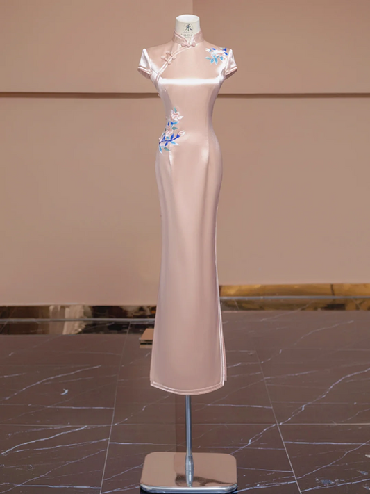 Light pink satin fitted Chinese retro ball gown, bridal dress R8289