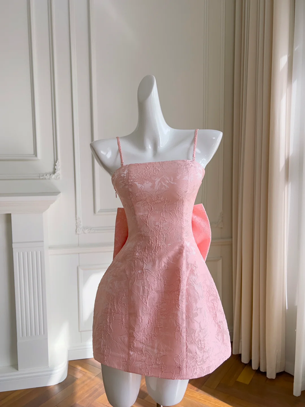 Pink suspender waist slim A-line short skirt homecoming dress R5189