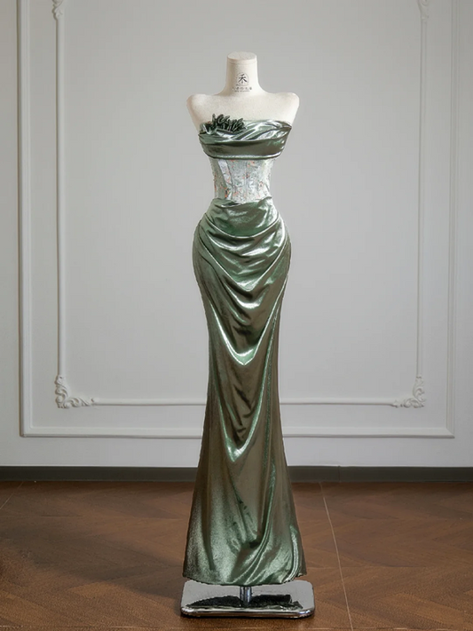 Gray-green strapless fitted waist bodycon long ball gown R8152