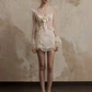 Brown suspender see-through jacket with lace patchwork hip-hugging cute short skirt homecoming dress R4762