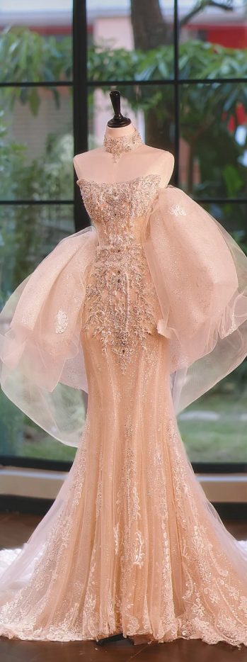 Champagne pink tube top waist slim fishtail sexy long dress bridal dress R5706