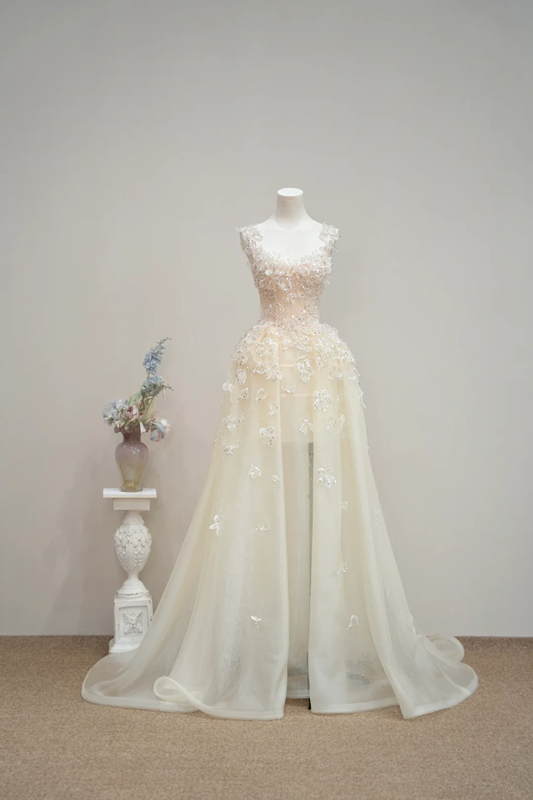 Light apricot halter-neck fitted long ball gown, bridal dress R8895