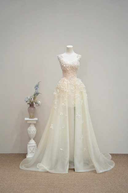 Light apricot halter-neck fitted long ball gown, bridal dress R8895