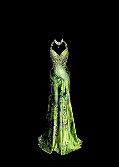 Green halter neck, fitted waist, revealing hips, sexy long ball gown R6659